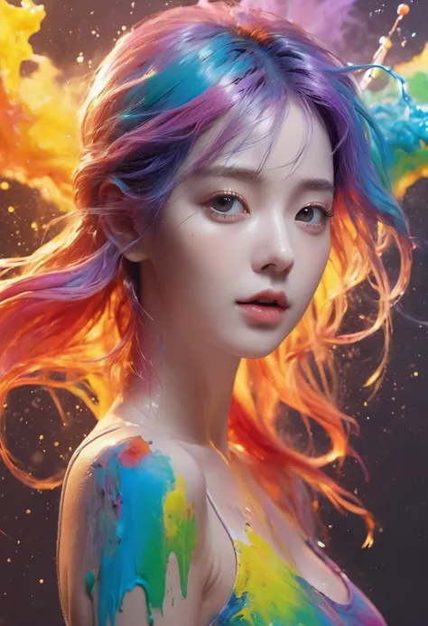 (Level Difference:1.8),(Paint collides and splatters on the canvas),(Depth of written boundary),(Flat Color:1.1,(theme)),1 girl,Poster,Full body woman love,Strong winds,thick smoke,,(Liquid dye for rainbow hair:1.1) paint，Anti-gravity,Thread-like viscous l...