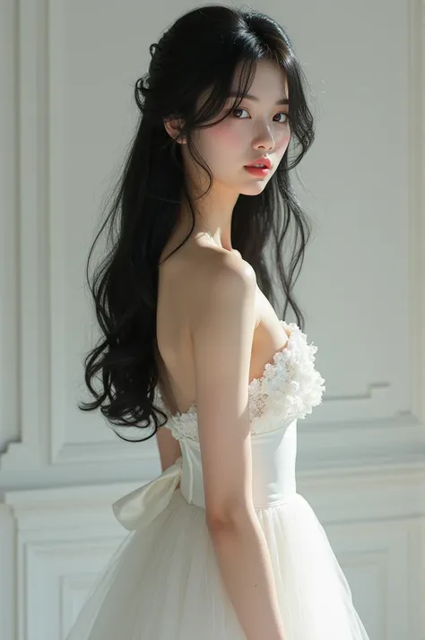 A realistic picture of a teenager with black hair, black eyes, looks like asian and is wearing an elegant white dress