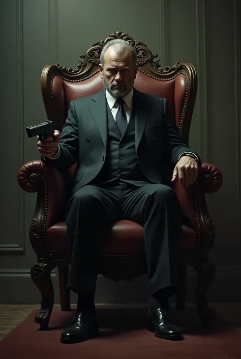  A man sitting on the chair with the gun generate a logo.
