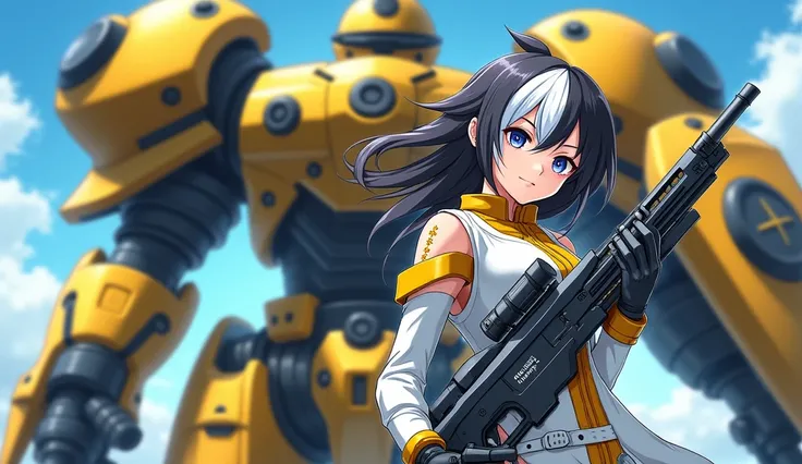 This is an image of a female anime character. This is a character card from a game, probably a collectible card game. It shows a young woman with white and black hair, wearing a white and yellow outfit and holding a large gun. She is standing in front of a...