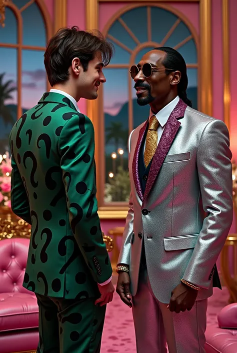 Daniel Radcliffe wearing a black and green questions marks printed in his suit talking to Snoop Dog wearing sliver sunglasses suit and wearing a dark pink and golden suit at a praty inside a malibu mansion, night time