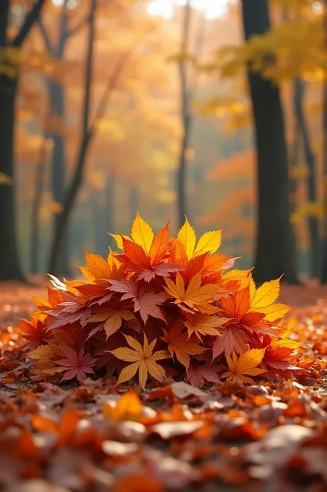 A bunch of autumn leaves bunched together on the ground in one place making a mountain with normal leaves in 3d