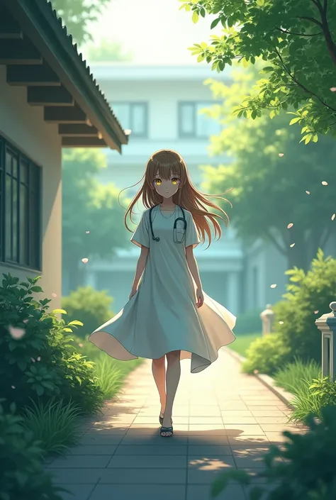 Generate an image of an anime girl with brown hair and yellow eyes in a hospital gown in the hospital courtyard walking against the wind.