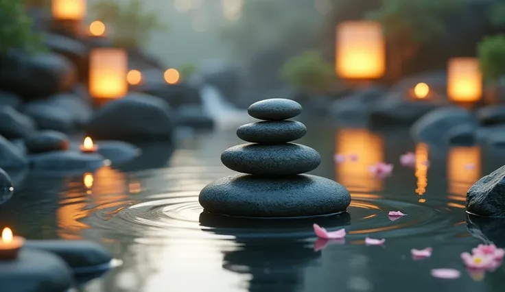 Create an evocative zen garden scene with a central stack of balanced, smooth stones floating on a still water surface amidst small river stones and candles gently drifting. Add a few glowing paper lanterns above the water, a small stream flowing gently in...