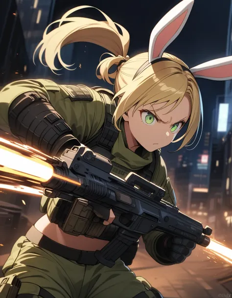 (highly detailed:1.2), athletic bunnygirl in tactical gear, blonde hair tied back, steely green eyes, determined expression, wielding high-tech weapon, night-time urban setting, (rabbit ears alert:1.1), (dynamic action pose:1.2)


