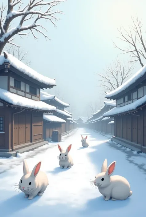 The background is winter snow、Rabbits in Kamakura