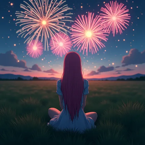 absurd realistic back vide POV photo of a japanese girl with pink hair sitting on a grassy field alone watching colorful fireworks at night, best quality, ultra realistic, perfect body, cinematic, back view angle 