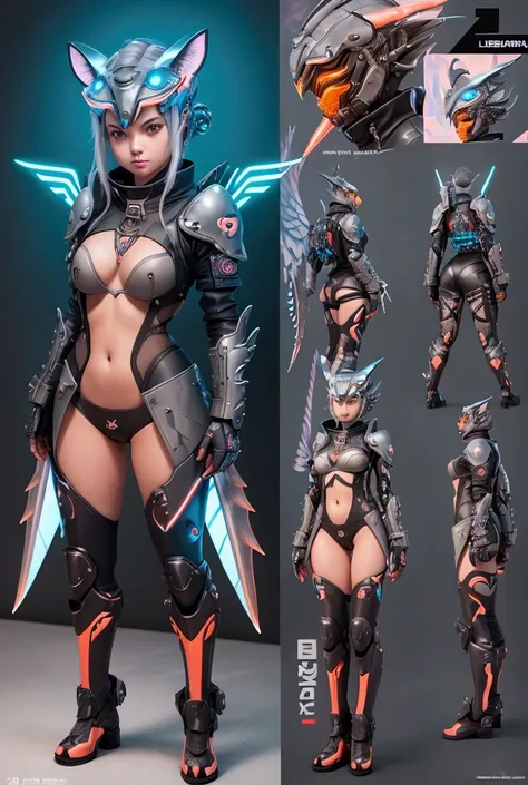 A beautiful & attractive young girl wearing a cyberpunk armory designed like a tiger shark, wearing a cyberpunk designed lobster helmet, with gaint illuminating wings, with tiger shark fin & tails, full body viewing details, camel toe, gray hair, with illu...