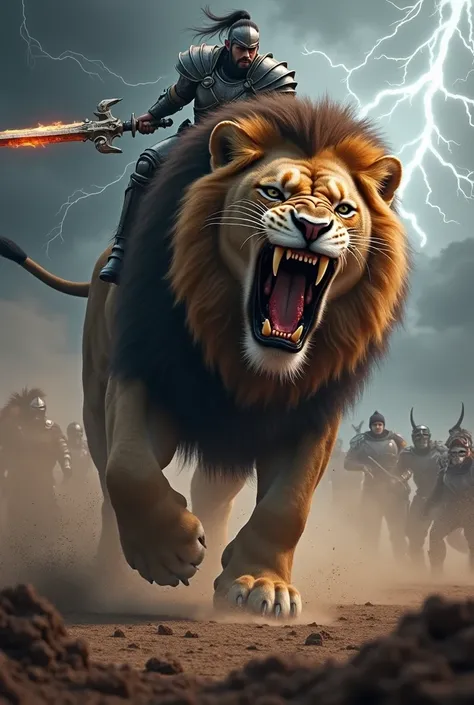 
"Create a massive, fearsome lion with blood-streaked, oversized fangs protruding from its powerful jaws, as if it has just devoured a colossal beast. The lions mane is wild and matted, dripping with the remnants of battle, while its eyes burn with an inte...