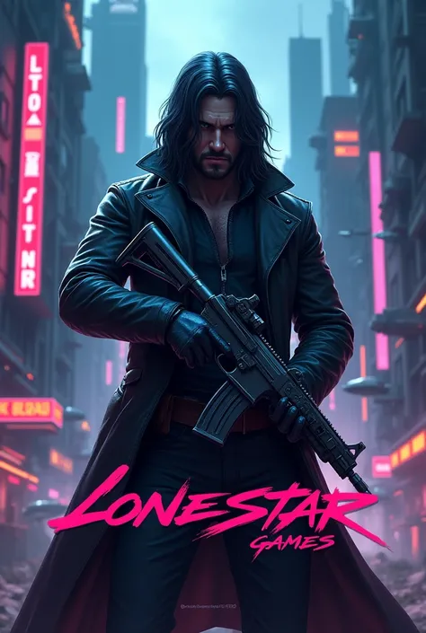  A man with long hair  and gun generate a logo with the name of LoneStar Games 
Background like a cyber city 