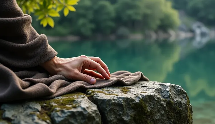 Close-up of Reza Rahardian&#39;s hand taking a shawl on a rock on the edge of the lake. masterpiece, realistic, Ultra HD, ultra high resolution, 8K, <xml><input>cinematic, upscale. 