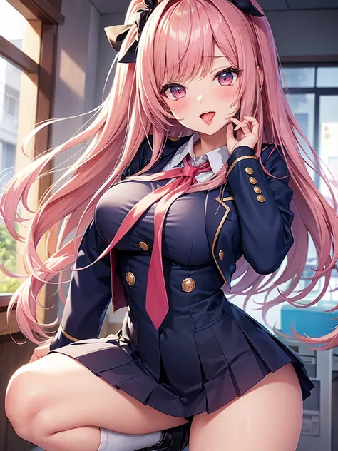 High resolution, masterpiece, Highest quality, Very detailed, Textured skin, Long Hair, Blushing, Large Breasts, school uniform、high school student、Navy blue blazer、hirt、ribbon、Tight fitting clothes、Knee-length socks、Shopping Centre、Long Hair, Pink Hair, s...