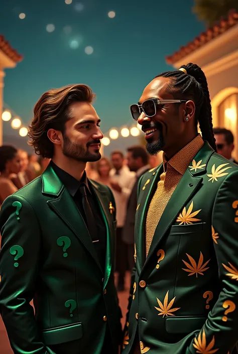 Daniel Radcliffe wearing a black and green questions marks printed in his suit talking to Snoop Dog wearing sliver sunglasses suit and wearing a black and golden suit at a marijuana themed party inside a malibu mansion, night time