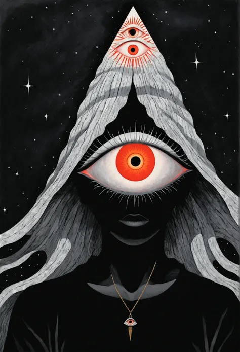 painting of a person holding a red eye in front of a black background, all - seeing eye, ( all seeing eye ), all seeing eye, in style of stanley donwood, 3rd eye, style of stanley donwood, stanley donwood, shamanic horror lsd art, third eye, opening third ...