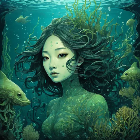 A detailed, eerie underwater scene featuring the portrait of a creepy, sea creature figure. The scene is dark and atmospheric, with notorious underwater particles and dim lighting. The sea creature figure appears covered in algae and debris,  in the style ...