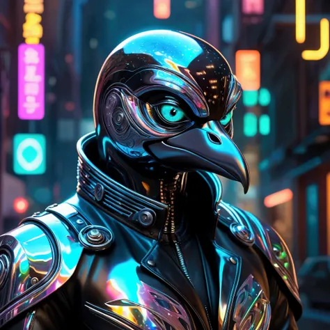 Closeup, Holographic polished liquid metallic steel molded into the shape of an extremely badass anthropomorphic holographic polished liquid metallic steel penguin completely possessed by a deadly Terminator robot wearing an insanely cool black leather Har...