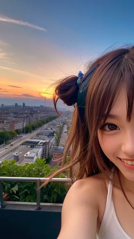 1 punk girl, Corn, Selfie, wind, My hair is messy, sunset, Cityscape, (Aesthetics and atmosphere:1.2),smile、Surreal、masterpiece