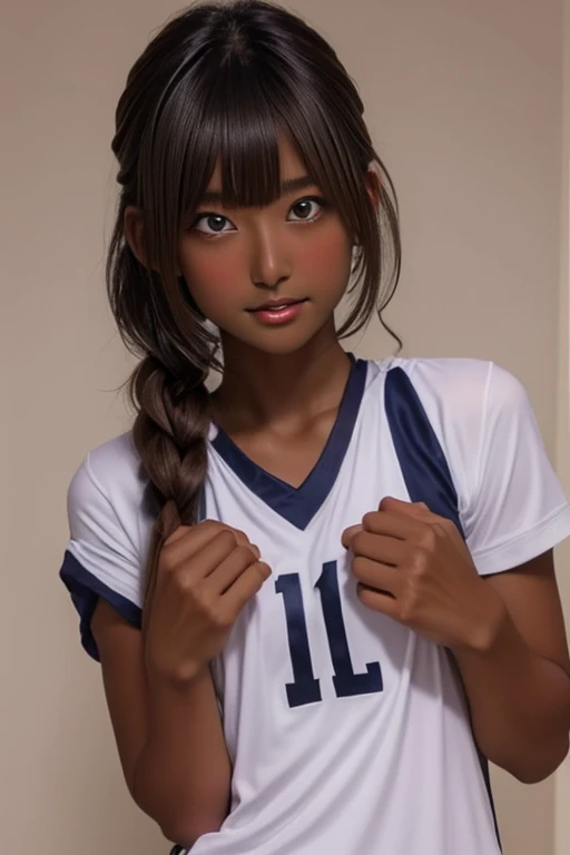 (((( one girl )))), Put your hand over your mouth、Beautiful breasts、 Brown eyes, ((Gal Hairstyles)) blonde, girl, (Eye and facial details:1.0), break, (masterpiece, Highest quality, Very detailed, Detailed face, 8k),( dark skin:2.05 ), (((( volleyball unif...