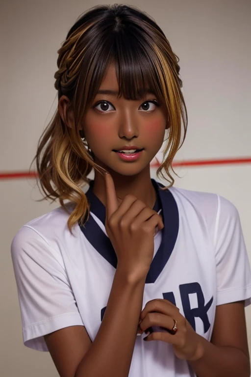 (((( one girl )))), Put your hand over your mouth、Beautiful breasts、 Brown eyes, ((Gal Hairstyles)) blonde, girl, (Eye and facial details:1.0), break, (masterpiece, Highest quality, Very detailed, Detailed face, 8k),( dark skin:2.05 ), (((( volleyball unif...