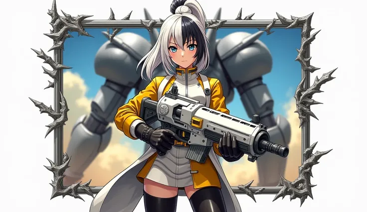 This is an image of a female anime character. This is a character card from a game, probably a collectible card game. It shows a young woman with white and black hair, wearing a white and yellow outfit and holding a large gun. She is standing in front of a...