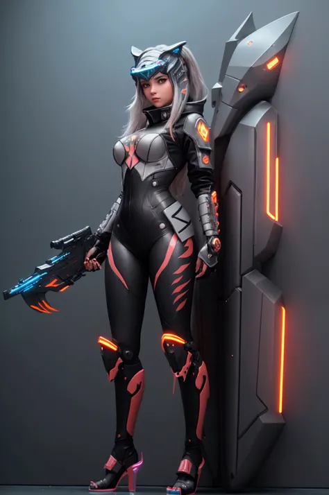 A beautiful & attractive young girl wearing a cyberpunk armory designed like a tiger shark, wearing a cyberpunk designed lobster helmet, with gaint illuminating wings, with tiger shark fin & tails, full body viewing details, camel toe, gray hair, with illu...