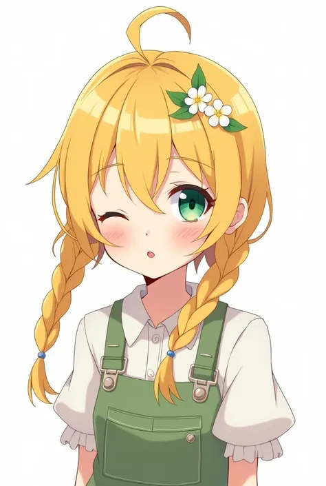 A anime girl. Blonde hair. Green eyes. Farm dressed. Flower on her head. 2d anime. Plaits hairstyles. White background. Ref sheet full picture 