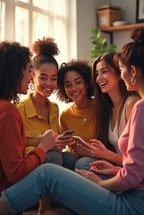 Group of 6 girls one is busy in phone and other 6 are chatting with each other 