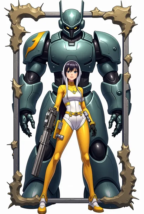 This is an image of a female anime character. This is a character card from a game, probably a collectible card game. It shows a young woman with white and black hair, wearing a white and yellow outfit and holding a large gun. She is standing in front of a...