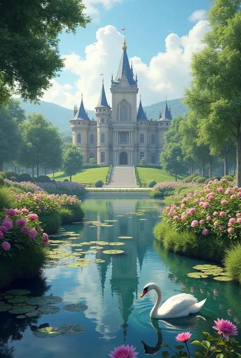 Castle in park with rose garden water lily pond with swan