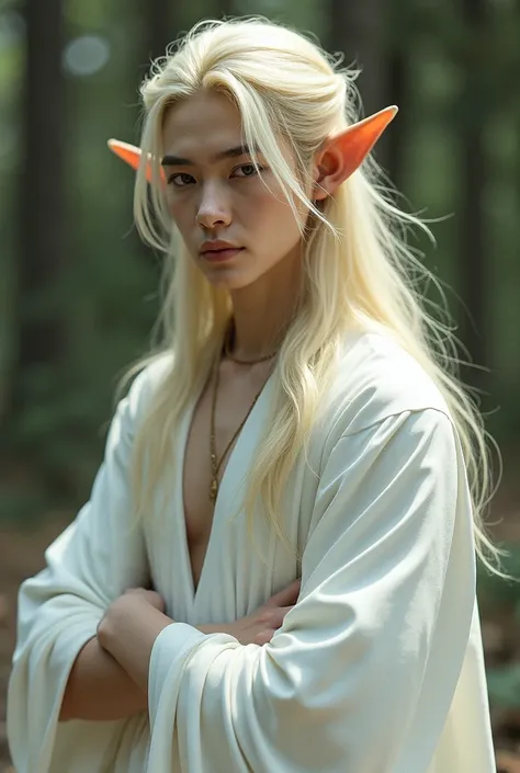 BTS Jimin Elf Man, with a white robe, elf ears and long blonde hair looking in 3/4 but it looks complete from the head 