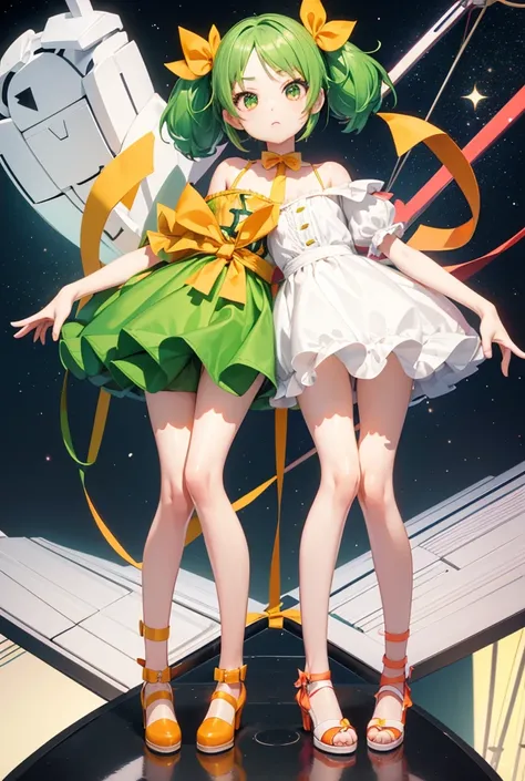 Chibi, kawaii, short arms and legs, large head, Nendoroid style figurine, legs even shorter, forehead out,
Thin arms and legs, large shoes, 3D, full body shot, one girl, green hair, short twin-tails, orange ribbon,
Thin Hair, Clear Face
 white background,