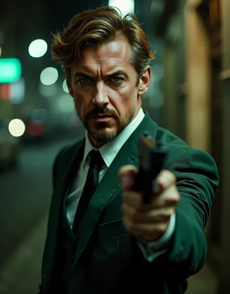 Masterpiece, best quality, male focus, 1man, there is a man in a suit holding a gun in his right hand,  solo, solo focus, man with a gun, dramatic wielding gun pose, holding gun, Glock 17, finger on trigger, headshot and bodyshot,  paris, night backdrop, f...