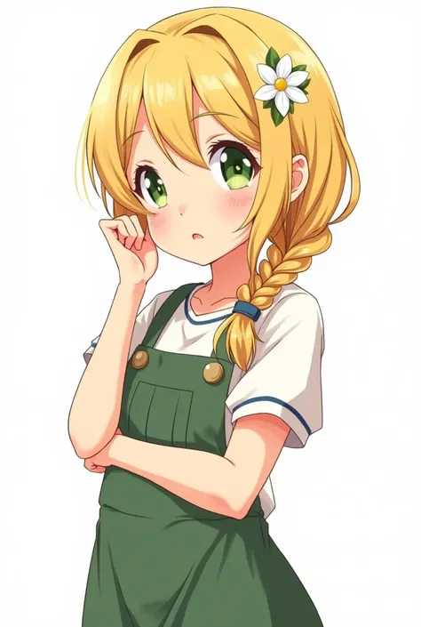 A anime girl. Blonde hair. Green eyes. Farm dressed. Flower on her head. 2d anime. Plaits hairstyles. White background. Ref sheet full picture 