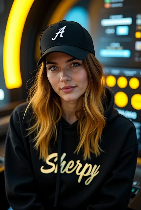 Looking at viewer wearing casual clothes and a black sporty hat,long gradient color losse hair ,a text writing name typography says "Sherpy" "Sheriel"  FB, bing, Twitter with the latest and coolest model, black yellow hologram appears, control panel advanc...