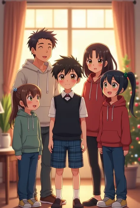 Anime boy in Blue Plaid Shorts and a White Short Sleeve shirt with a Black Sweater vest and Bow tie with his 3 older teenage sisters wearing hoodies and Blue pants and there mother in red sweater and black pants, as they celebrate the new year