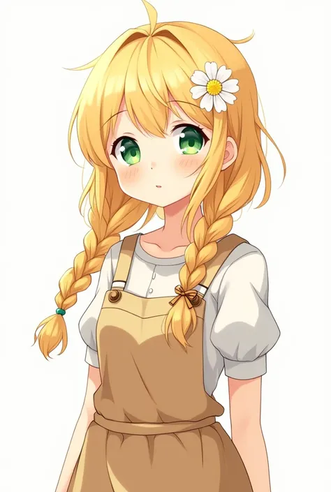 A anime girl. Blonde hair. Green eyes. Farm dressed. Flower on her head. 2d anime. Plaits hairstyles. White background. Ref sheets full picture.