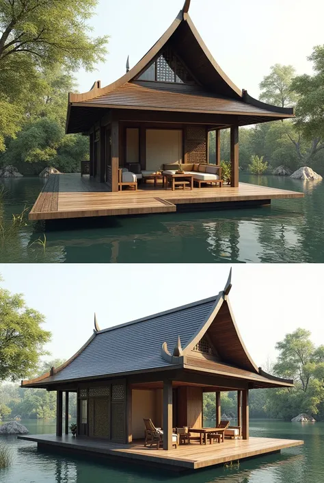 A simple and economical Thai-style hut built with steel and a Thai ridge, slightly raised from the ground with different floor levels.