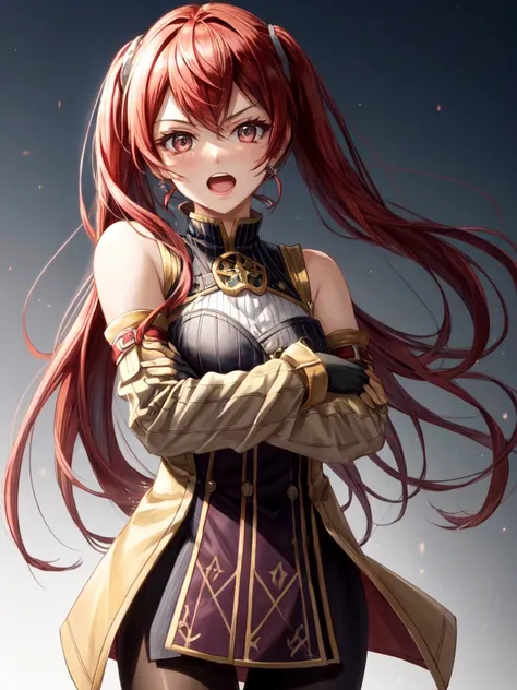 severa fe, ultra-detailed, 1girl, solo, breasts, looking at viewer, open mouth, gloves, bare shoulders, medium breasts, weapon, ...