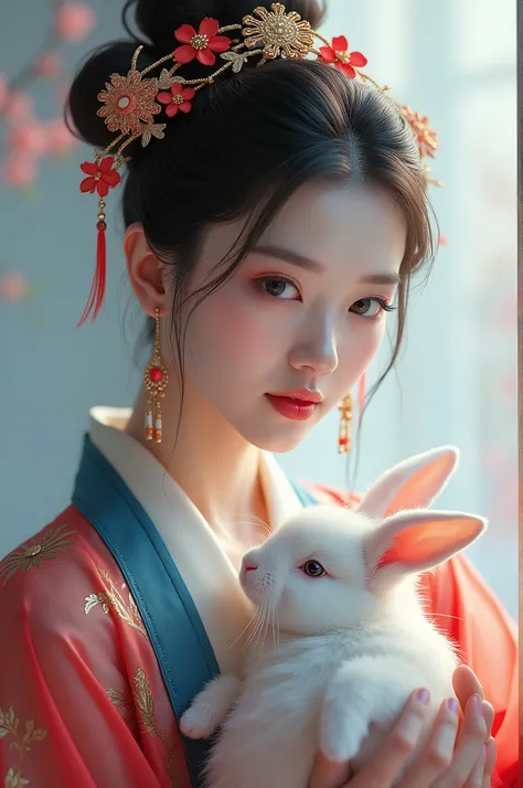 A Chinese woman，A Chinese beauty in gorgeous Hanfu，Wearing a gorgeous Chinese headdress，Big eyes，1，Holding a little white rabbit in my arms，Sikkim Red and Blue Clothing，Minimalism，Surrealism，Masterpieces，Color gradient realistic，Ultra HD，Fine details