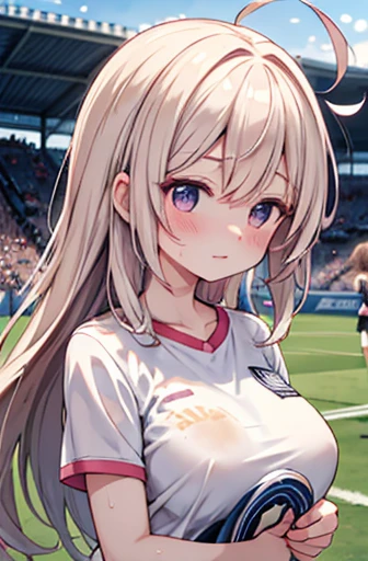 Floating Hair, A slight blush, During the match, sweat, Half Up, Outdoor, Project a wide range, soccer, Catch a soccer ball with your chest, anime, anime style, 4K, Textured skin, Super detailed, Best Quality, Awards,Large Breasts