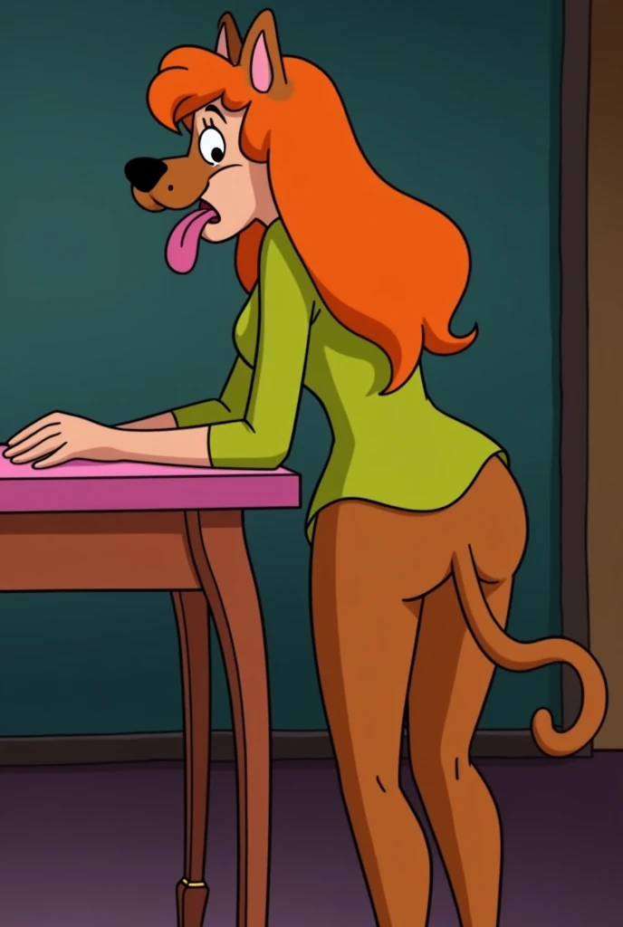 Daphne Blake bent over a table transforming into a dog with dog ears, a panting dog tongue, a dog tail, and dog paws as Scooby-Doo has anal sex with her from behind.