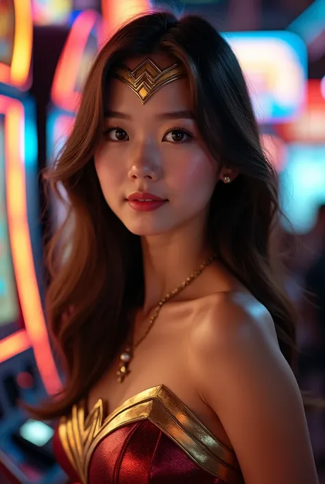 Enjoy playing slot machines、Wonder Woman。Brown Hair,  masterpiece、beautiful girl、fine 目、Wide-open eyes、A Shining Place、Best Quality, 超High resolution, (reality: 1.4), Cinema Lighting,so beautiful、完璧なWonder Womanのコスチューム。Very cute face。Japanese 20 years old､...