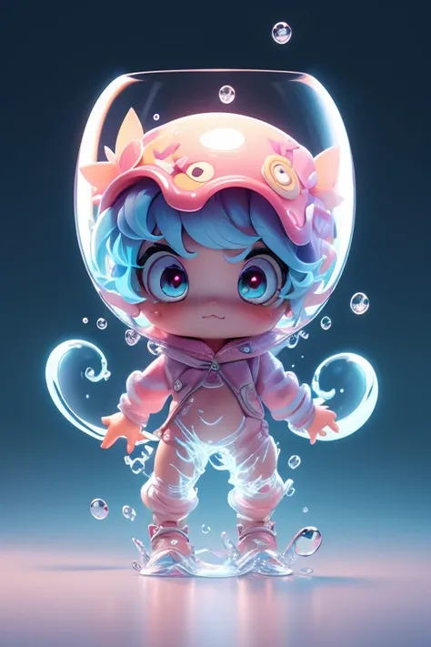 Create a monster image, a small, big-headed, baby monster.. The transparent body can be seen through. The image is clear and detailed., with beautiful colors.. With arms, leg, eyes, mouth, พื้นหลังสีlegว