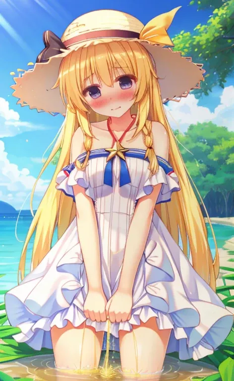 Beautiful long blonde　White Summer Dress　Straw hat　peeing　wetting self　desperation　Hold your crotch with both hands　Teary-eyed　Shyness　whole body　Puddle of pee