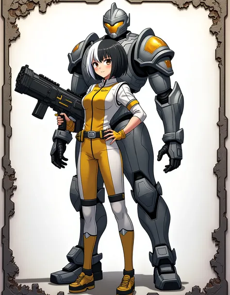 This is an image of a female anime character. This is a character card from a game, probably a collectible card game. It shows a young woman with white and black hair, wearing a white and yellow outfit and holding a large gun. She is standing in front of a...