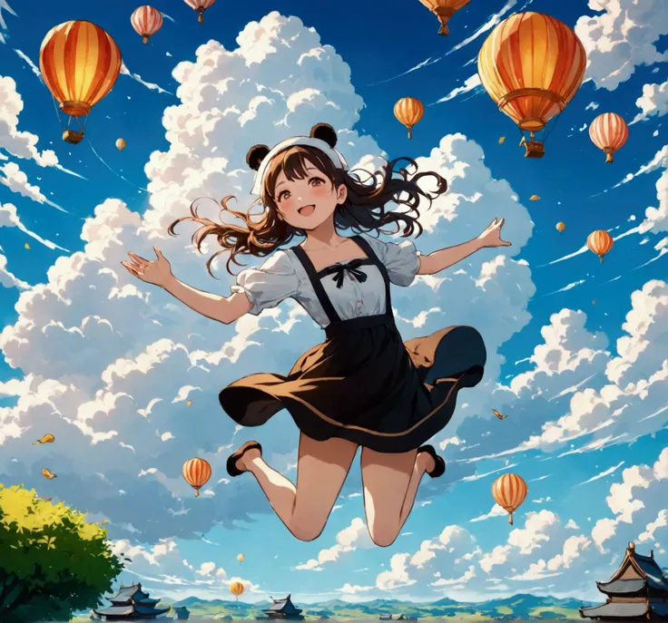 masterpiece, Top quality, Stills, A girl, (Floating in the air), cloud girl, cloud,bright, Happy, pleasure, soft light, Panda ears