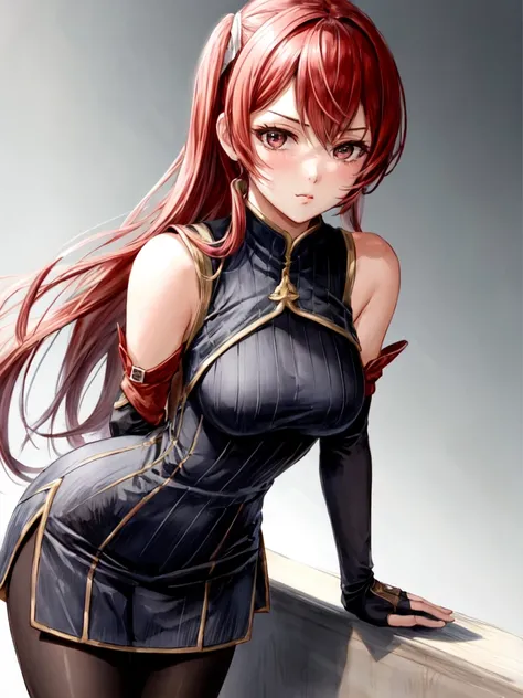 severa fe, ultra-detailed, 1girl, solo, breasts, looking at viewer, gloves, bare shoulders, medium breasts, pantyhose, detached sleeves, fingerless gloves, cowboy shot, upper body, arms behind back, leaning forward, pout, tsundere