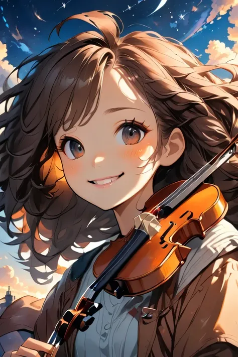 Against the background of the sunset sky, a girl with hair fluttering in the wind is smiling with a violin, the sky where the stars begin to shine, anime-style illustrations, high resolution, line drawings drawn in detail, warm colors, fantastic atmosphere...