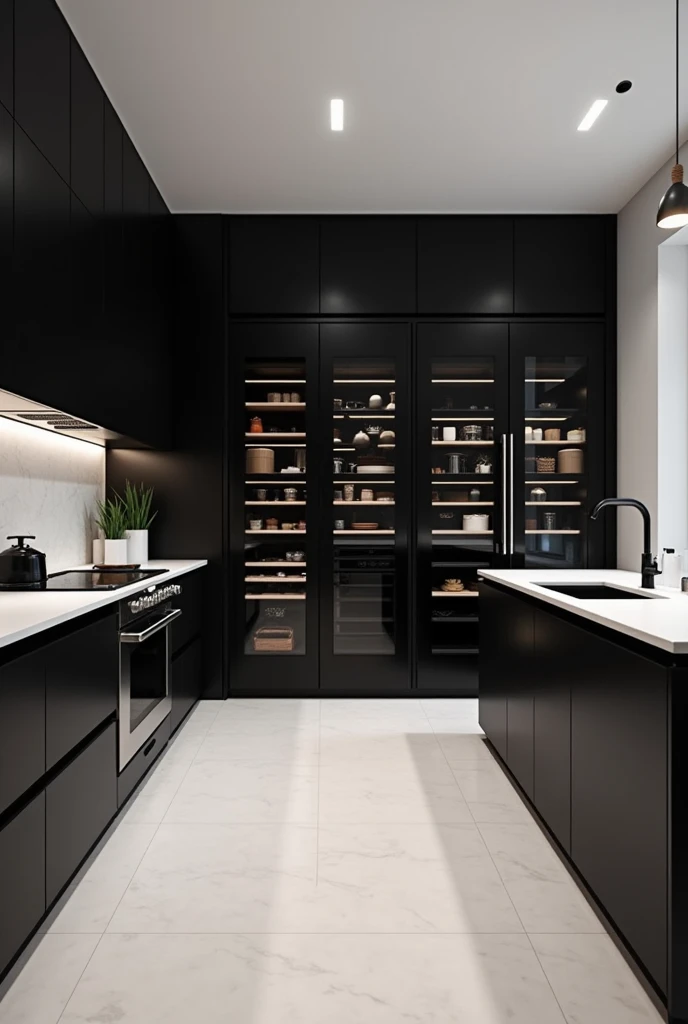 Luxury kitchen in black and white colors, with a large refrigerator with a pantry room 