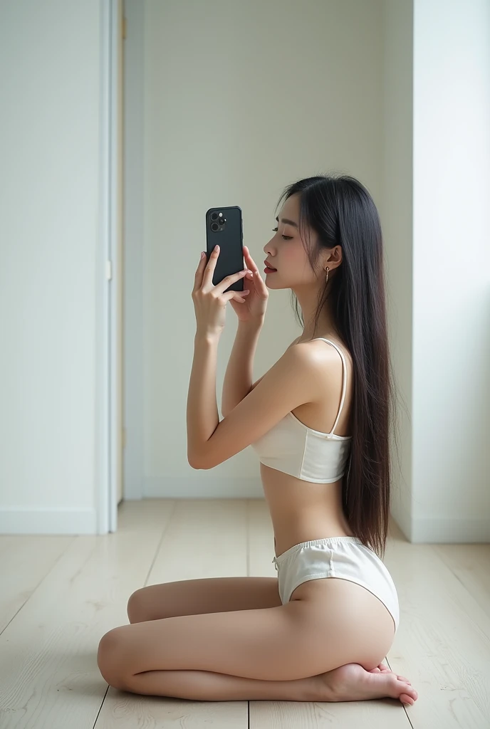 (Best quality,4K,8K,high resolution,masterpiece),Extremely detailed,Clear focus，Beautiful Chinese woman，Kneeling on the floor in front of the mirror and taking a selfie，Half kneeling position，in the room，White Wall，whole body照，whole body，side，Phone covers ...